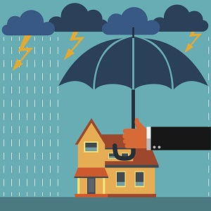 cartoon home being covered from storm with umbrella